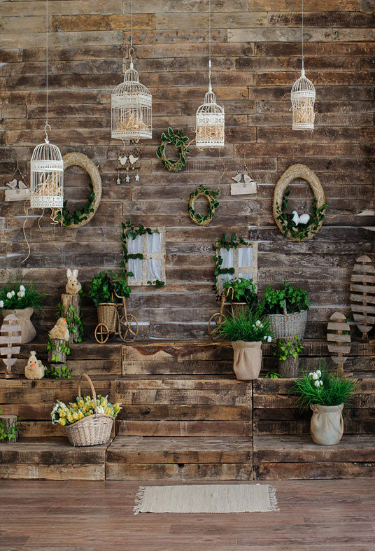 Toile de fond de Pâques de printemps d'escaliers en bois brun pour la photographie