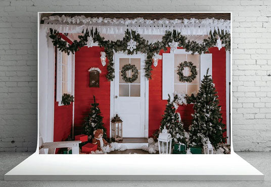 Toile de fond décors de photographie de Noël de maison en bois rouge