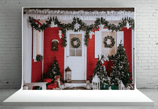 Toile de fond décors de photographie de Noël de maison en bois rouge