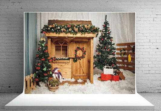 Toile de fond décors de photographie de Noël de neige de maison en bois