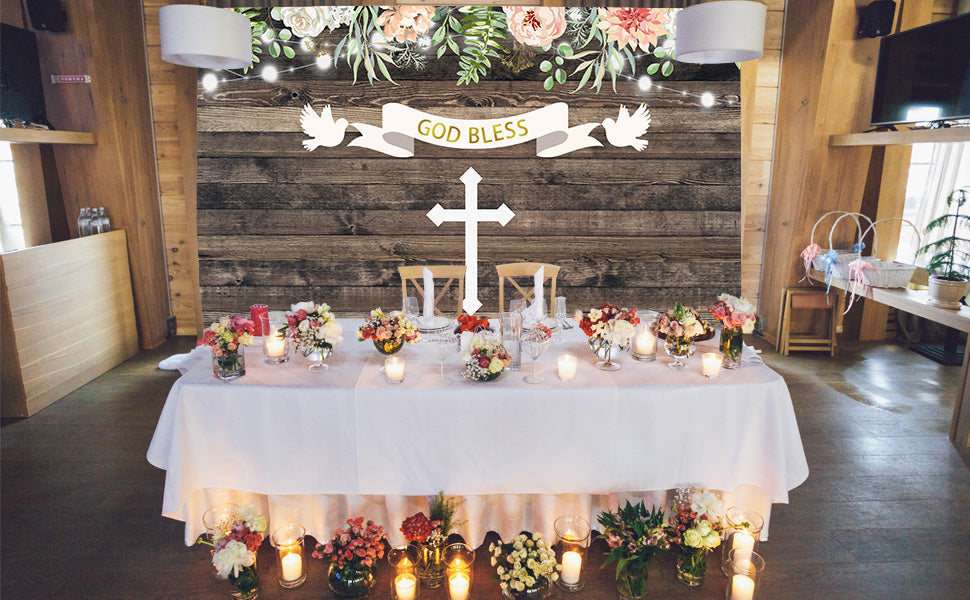 Toile de fond de photo de mur en bois d'église de décoration de fleur pour la photographie