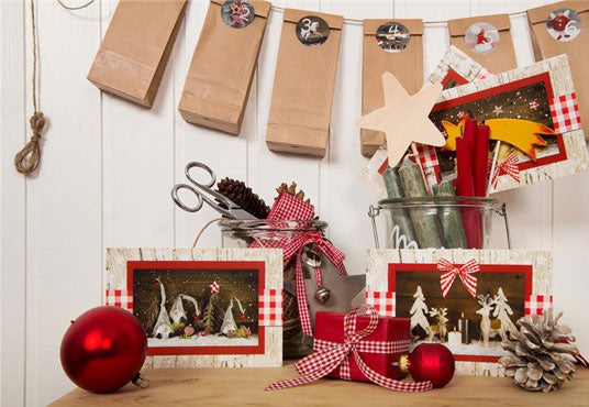 Toile de fond décors de Noël de mur en bois blanc de cloche rouge