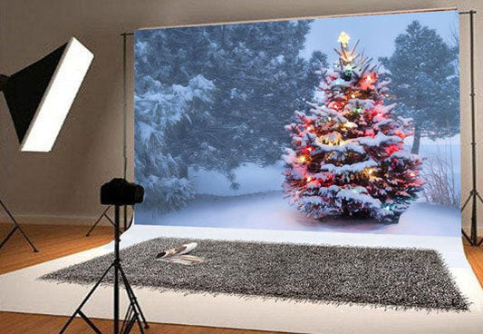 Toile de fond décors de photographie de neige de sapin de Noël lumineux