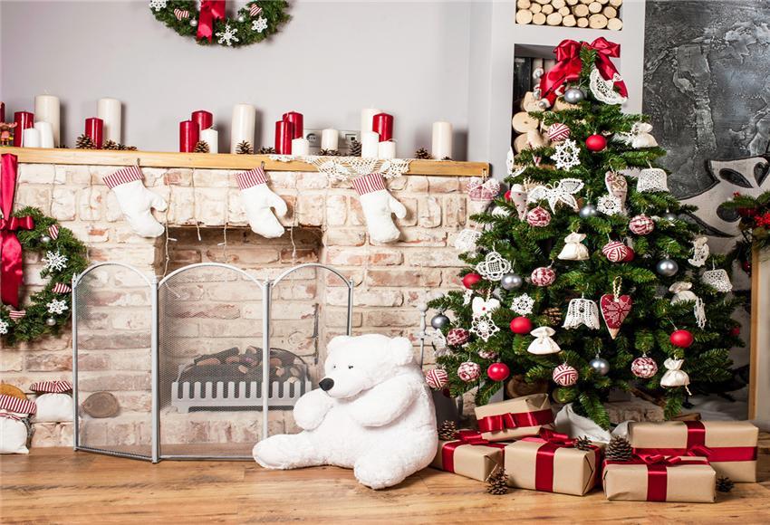 Toile de fond décors de photographie de Noël de cheminée de brique d'ours blanc