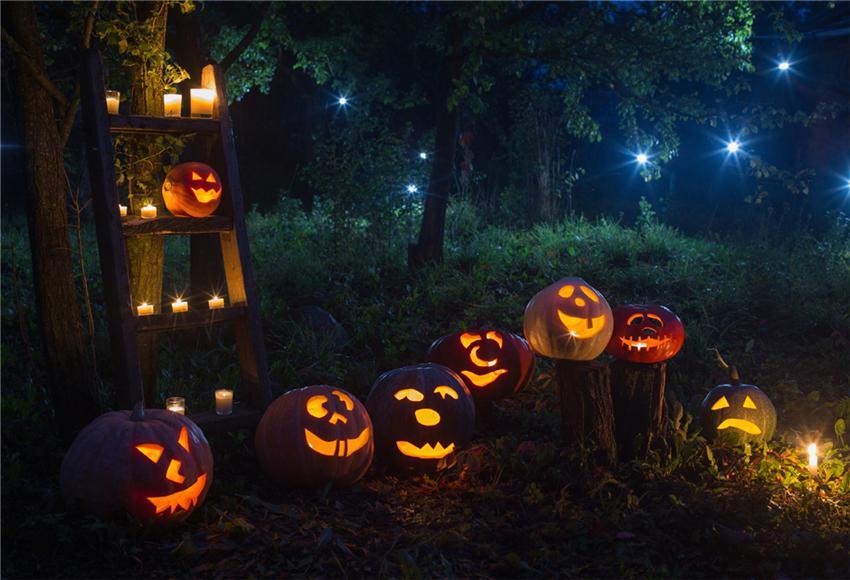 Toile de fond de photo d'Halloween décors de forêt légère de citrouille