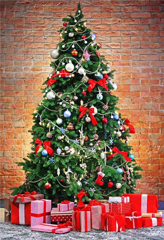 Toile de fond décors d'arbre de Noël de mur de briques rouges pour la fête