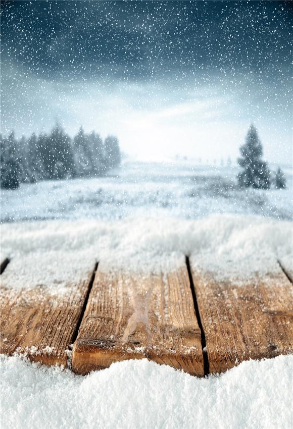 Toile de fond de Noël de plancher de bois de neige d'hiver pour la photographie