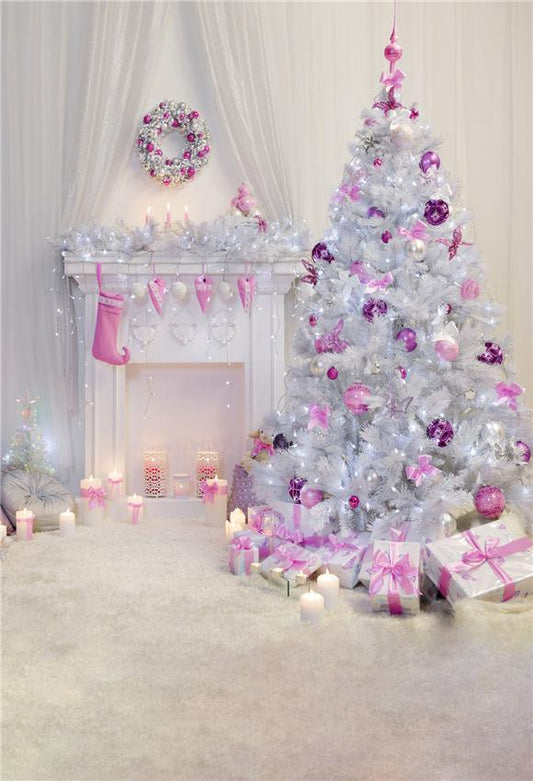 Toile de fond décor rose arbre de Noël décors de cheminée blanche