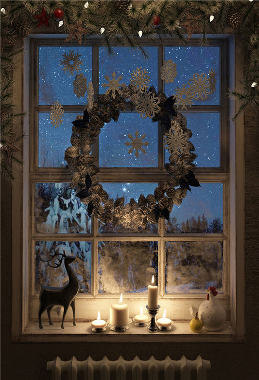 Toile de fond de guirlande de Noël de fenêtre d'hiver pour la photo