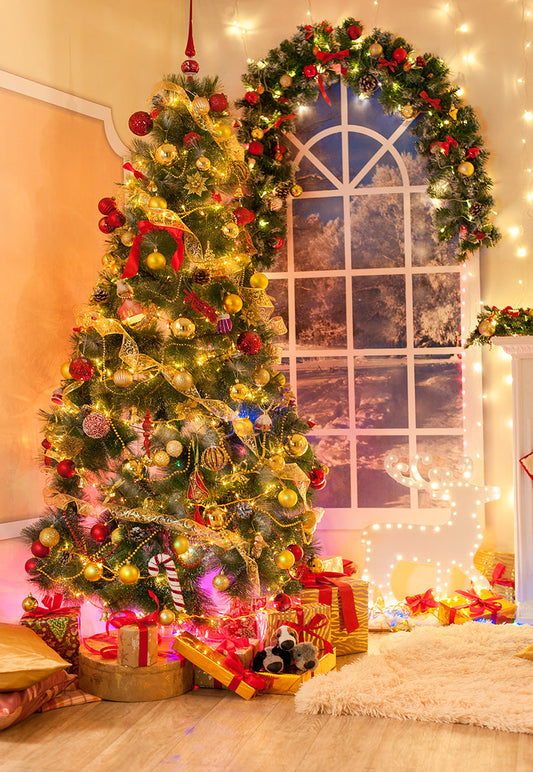 Toile de fond décors de photo d'hiver de fenêtre d'arbre de Noël lumineux