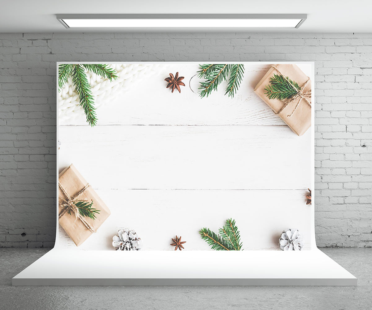 Toile de fond de photographie de mur de bois de neige fond de photo de cadeau de Noël
