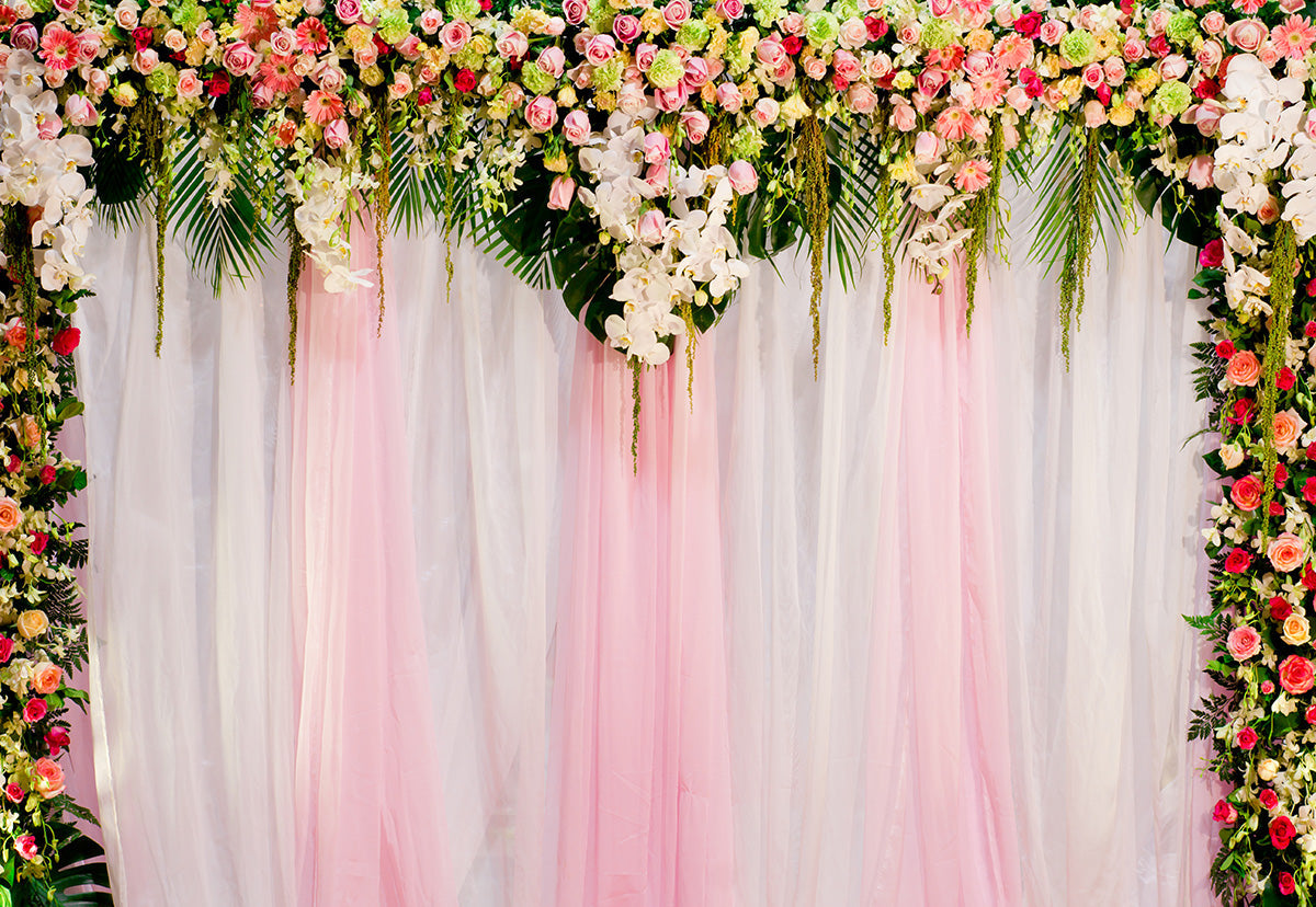 Toile de fond décors de mariage blanc et rose pour la photographie rideau de sol en bois décoré de fleurs roses roses