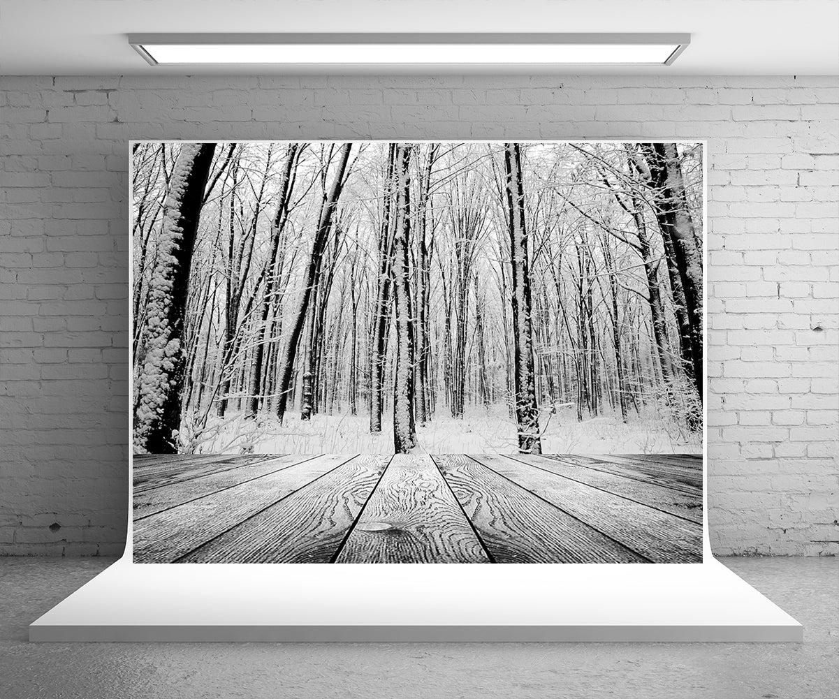 Toile de fond de photographie de forêt de neige blanche d'hiver fond de plancher en bois