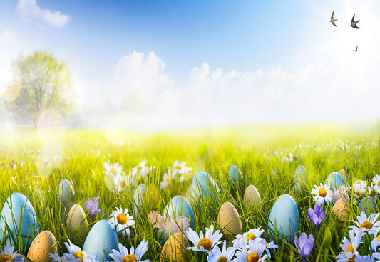 Toile de fond de fleurs d'oeufs colorés d'herbe de Pâques de printemps pour la photographie