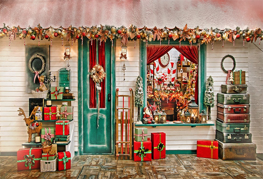 Toile de fond de joyeux Noël cadeau boutique Toile de fond décors de plancher en bois pour la photo