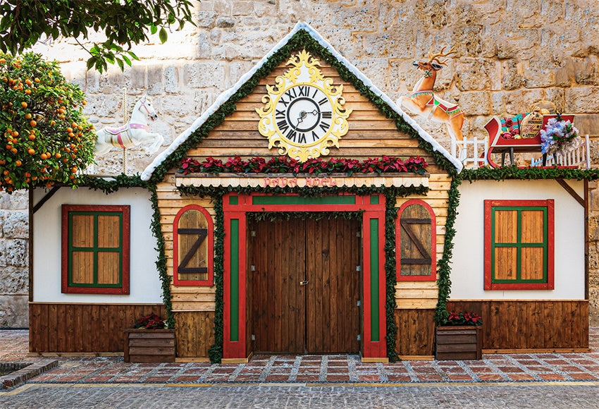 Toile de fond décors de photographie de wapiti de maison en bois de Noël