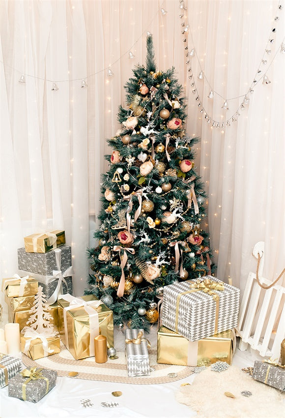 Toile de fond décors de paillettes d'arbre de Noël de cadeau d'or pour la fête