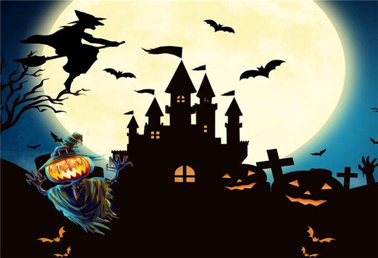 Toile de fond d'Halloween de château noir de sorcière de grande lune lumineuse