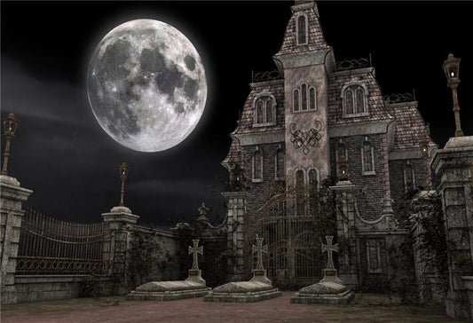 Toile de fond d'Halloween lune brillante château de brique pour la photographie