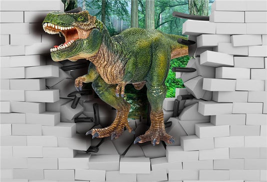 Toile de fond de photographie de dinosaure de mur de briques blanches pour la fête