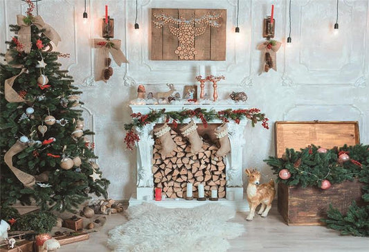 Toile de fond décors de plancher de bois de Noël de cheminée blanche