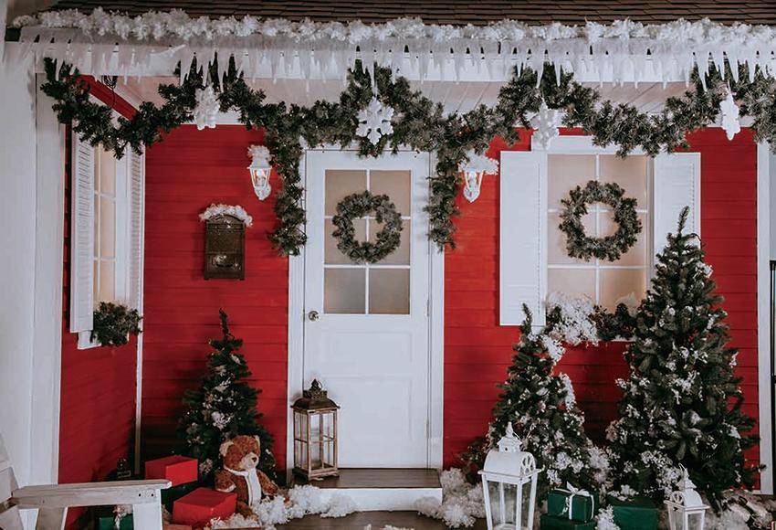 Toile de fond décors de photographie de Noël de maison en bois rouge