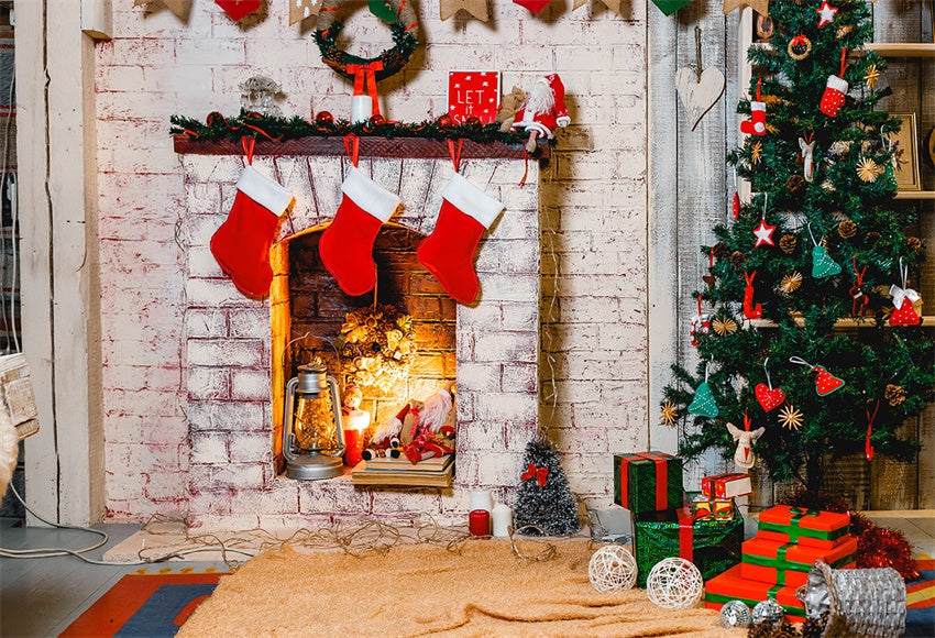 Toile de fond décors de photographie de cheminée de brique de Noël