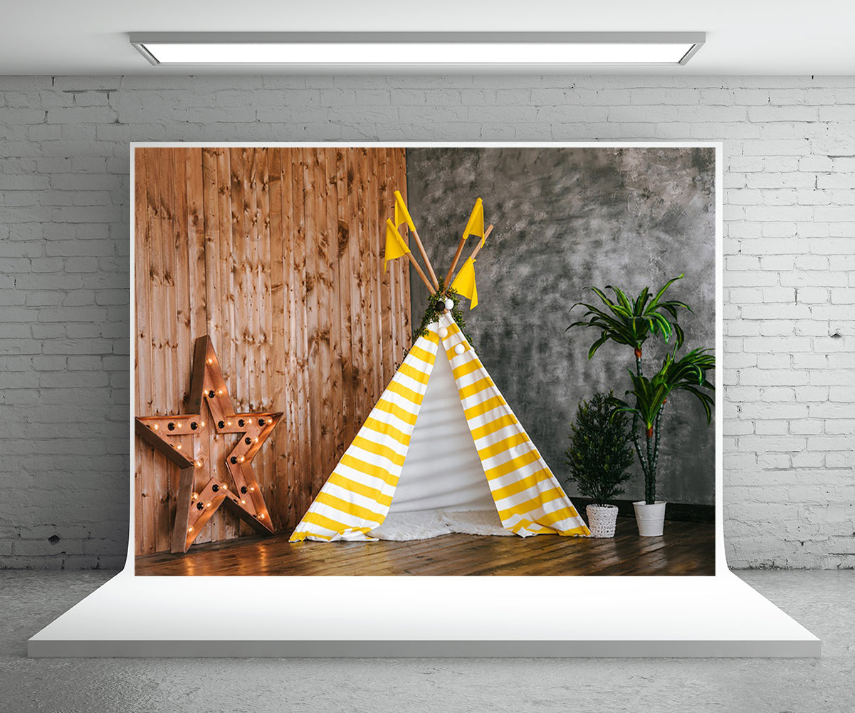 Toile de fond décors de photo de bébé de tente jaune et blanc pour la fête