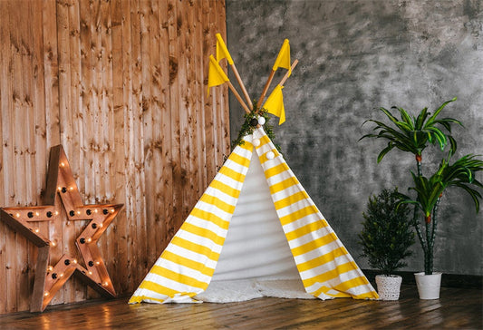 Toile de fond décors de photo de bébé de tente jaune et blanc pour la fête