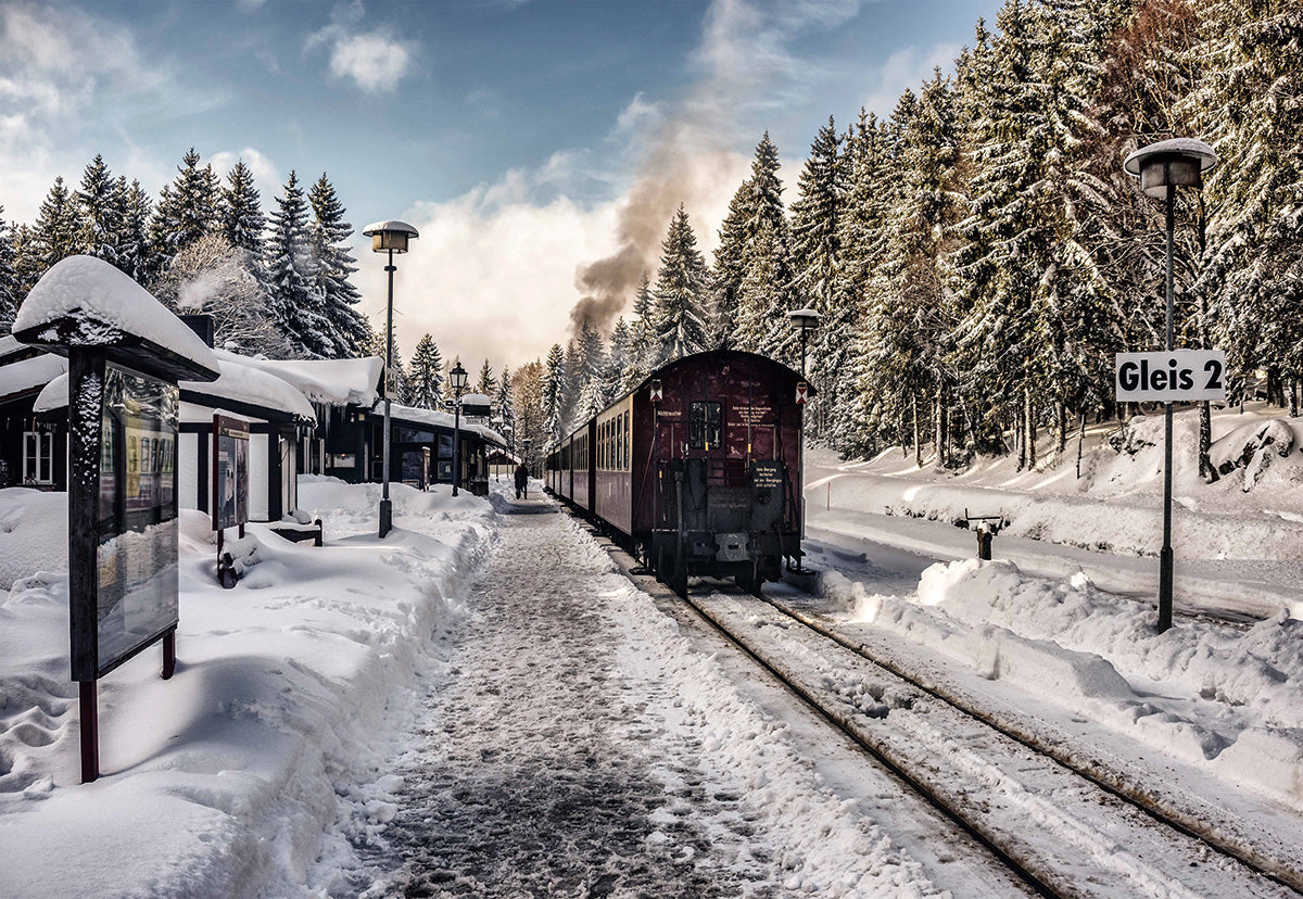 Toile de fond de route de neige d'hiver de train vintage pour la photo