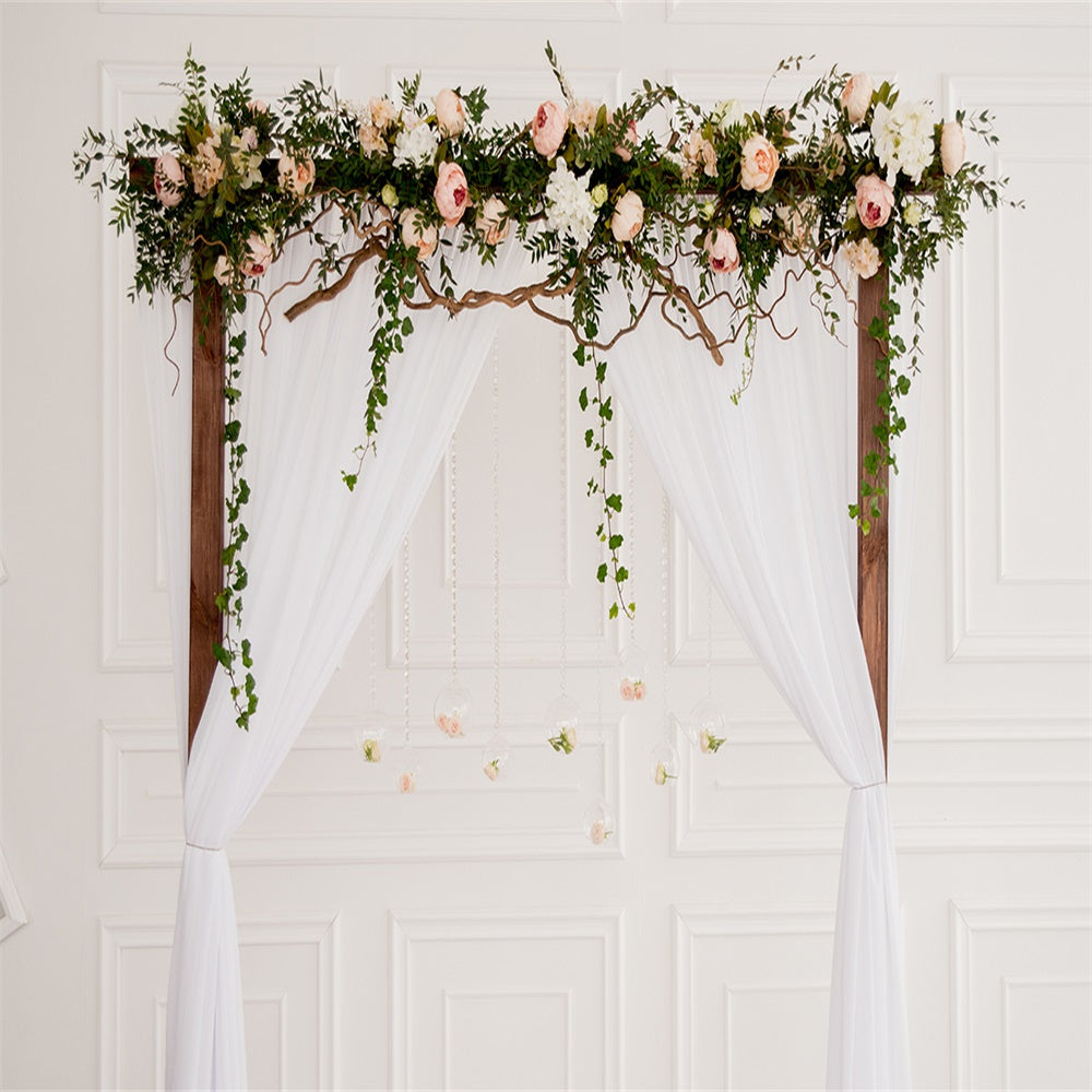 Toile de fond décors de porte de fleurs de mur-rideau blanc pour la mariage