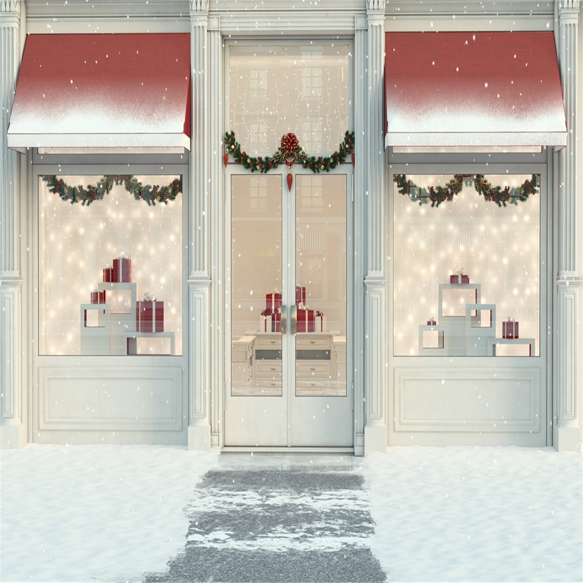 Toile de fond de boutique de cadeaux de Noël décors de neige d'hiver pour la fête