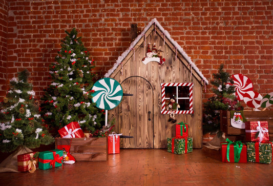 Christmas Interior Candy Wooden House Holiday Backdrops for Photo