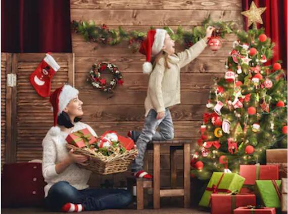 Toile de fond décors de photographie d'arbre de Noël en bois brun