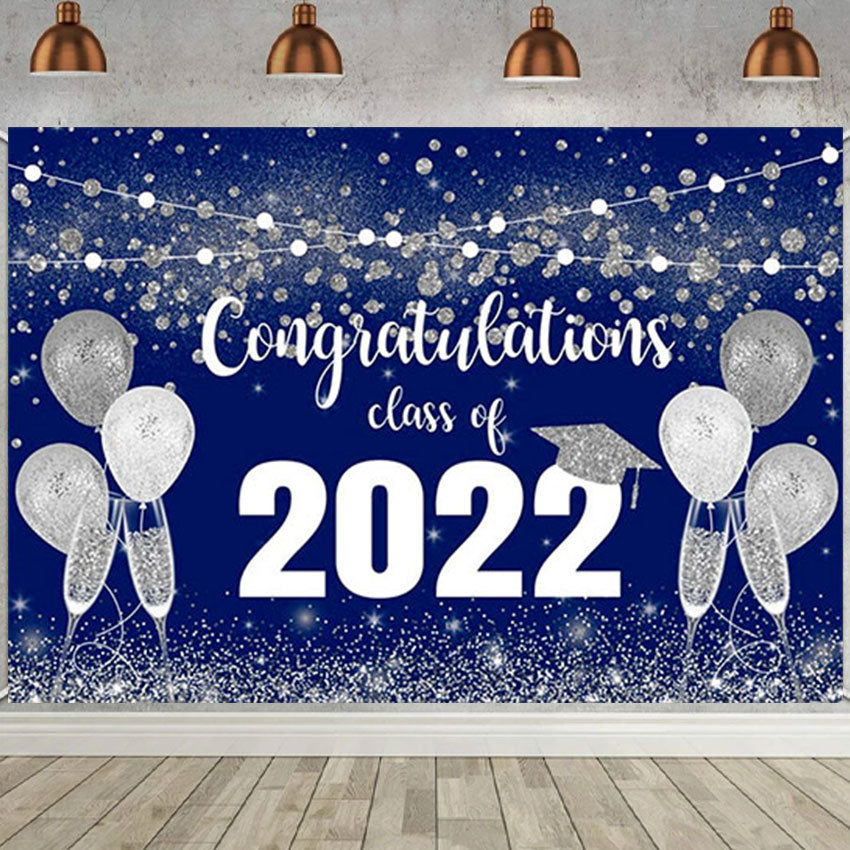 Toile de fond de graduation bleu et argent paillettes fond félicitations classee de 2022 fond de photographie SBH0102