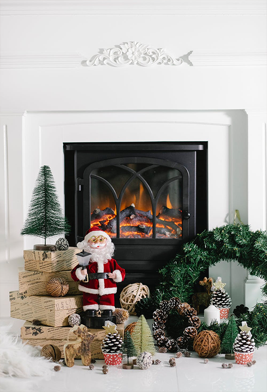 Toile de fond décors de mur blanc cheminée Père Noël arbre de Noël photo