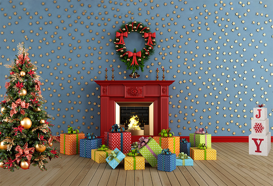 Toile de fond de cadeaux de Noël de petites étoiles d'or de mur bleu pour la fête