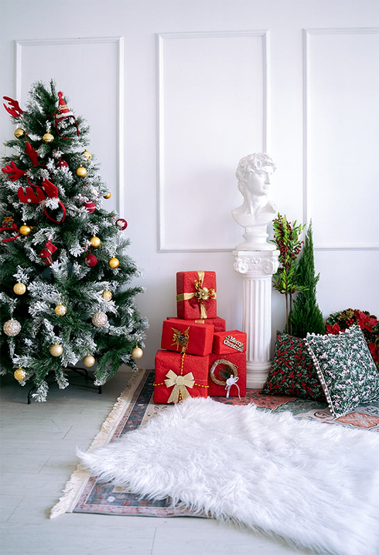 Toile de fond de Noël de tapis de statue de mur blanc pour les photographies