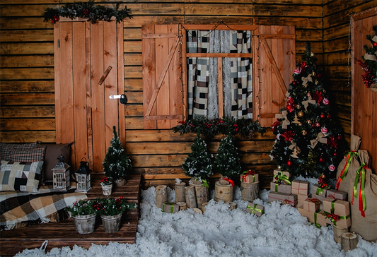 Toile de fond de photomaton de Noël de fenêtre de maison en bois