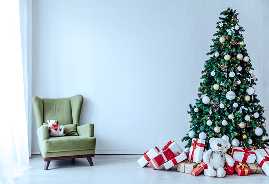 Toile de fond photographie de mur bleu clair sofa ours sapin de Noël