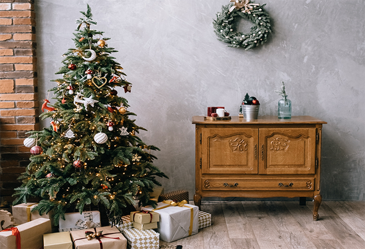 Toile de fond de photomaton de Noël avec table en bois et mur gris