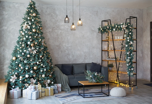 Toile de fond de lumières de murs grises sofa d'étagère d'arbre de Noël