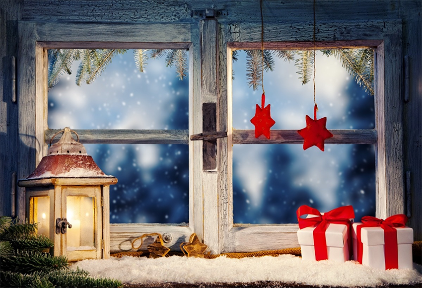 Toile de fond de Noël de fenêtre en bois bleu pour la photographie